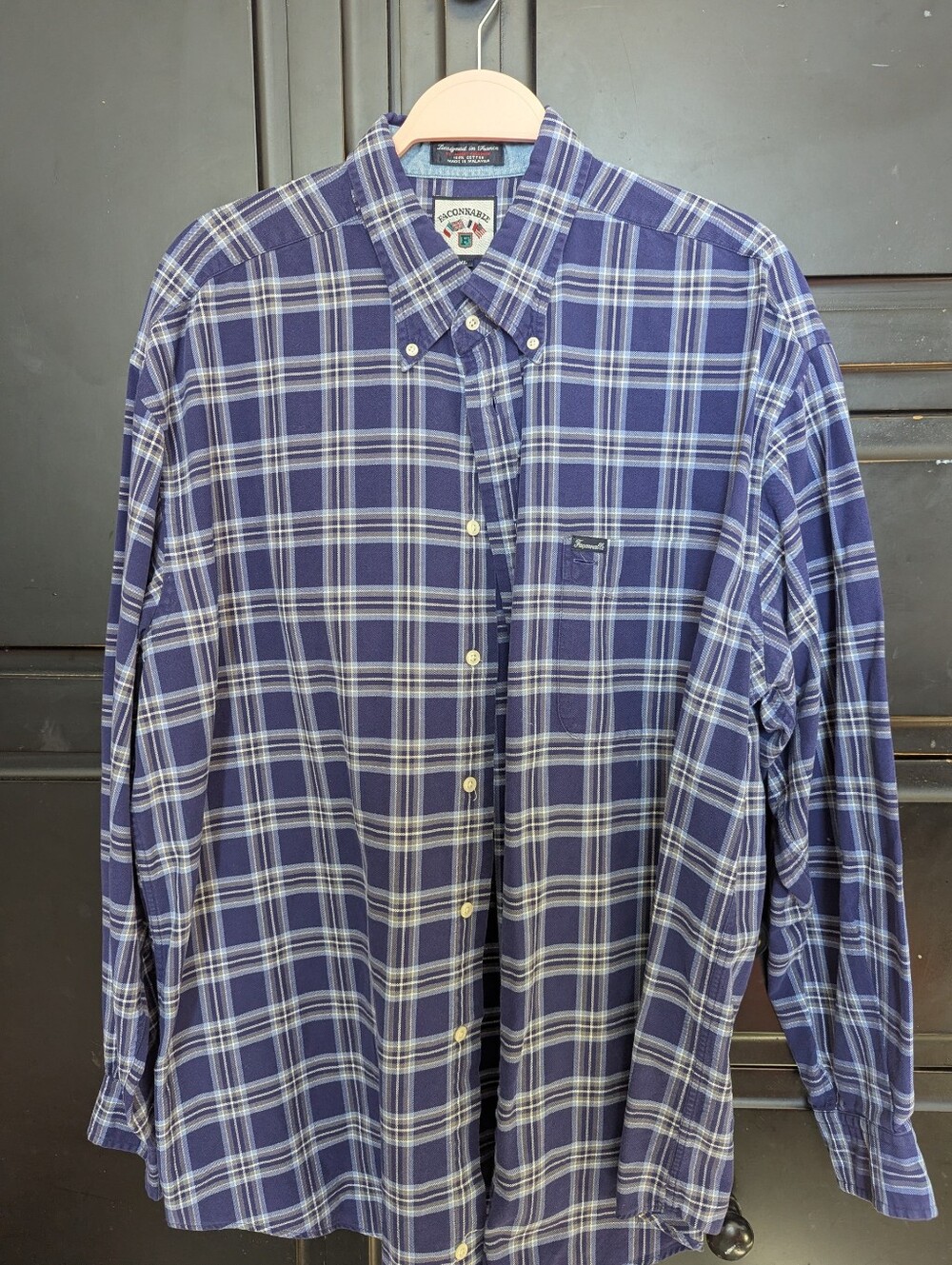 Men's Long Sleeve Button Down Blue Plaid Top By Faconnable Sz XL